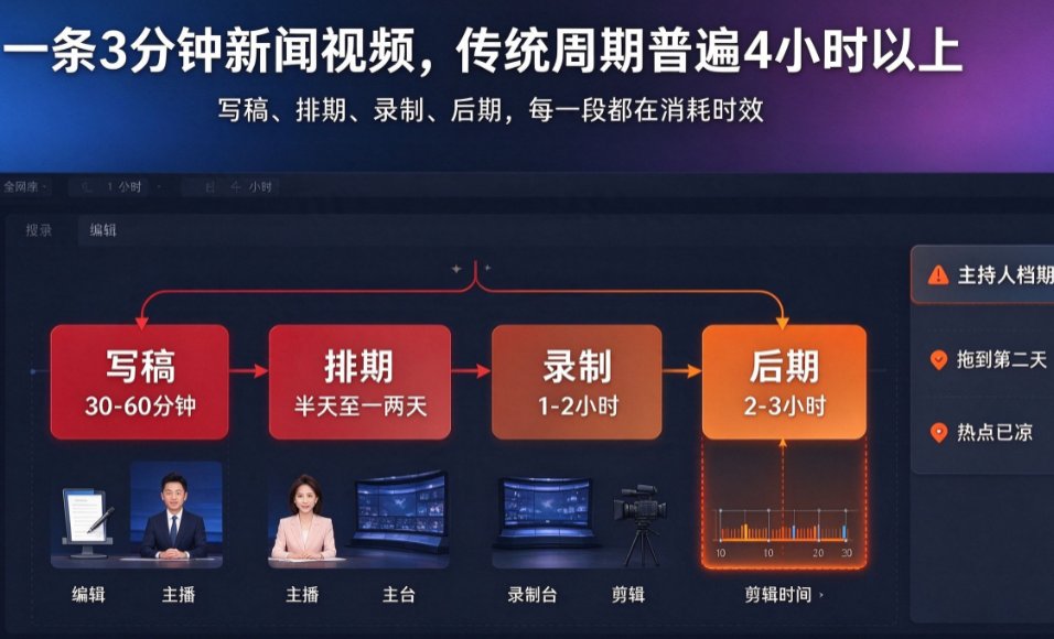 燃点魔方新闻播讲功能操作界面,展示输入稿件、选择虚拟主播形象、生成预览等步骤